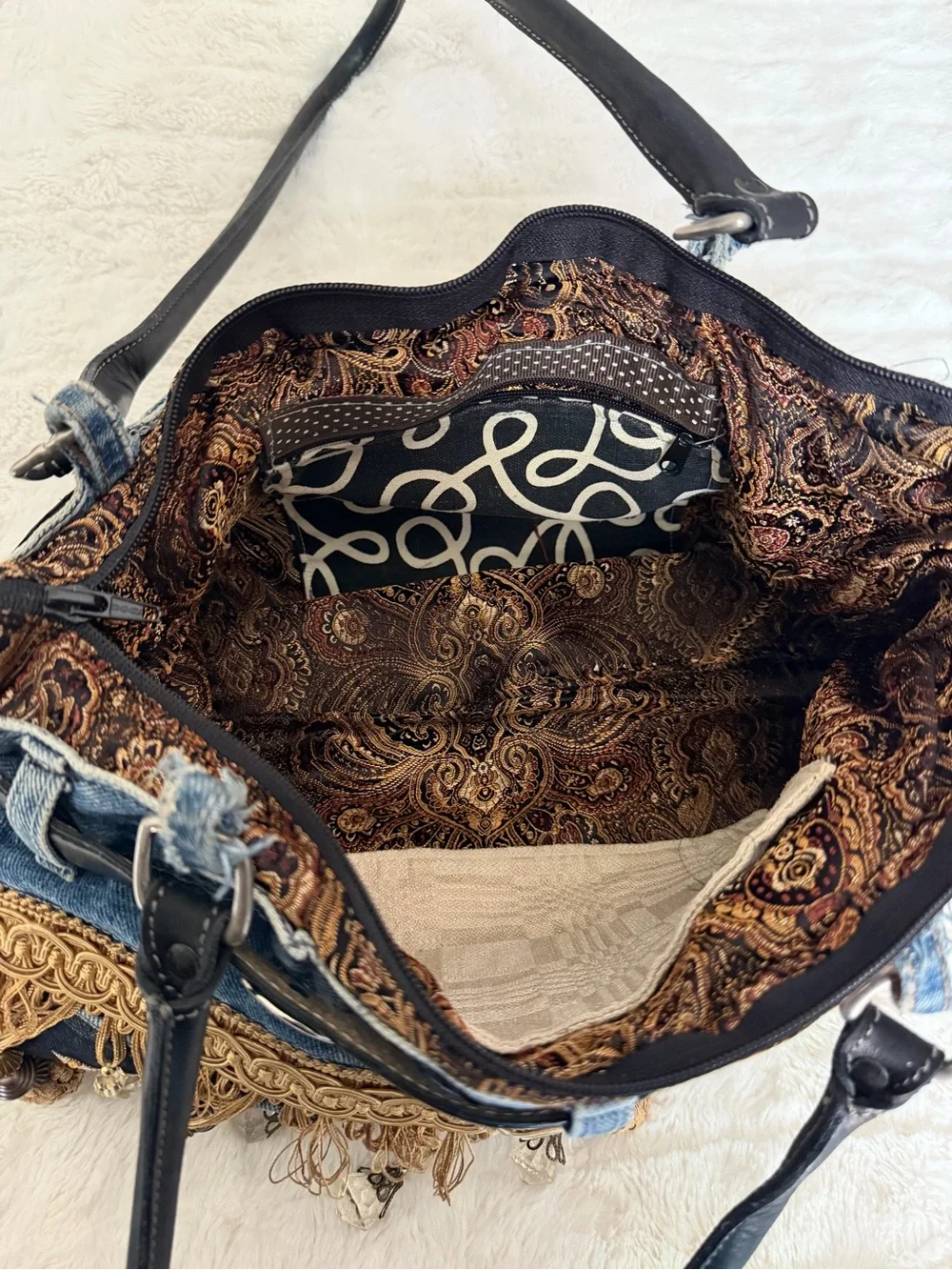 Embellished Denim Tote Bag with Beaded Fringe